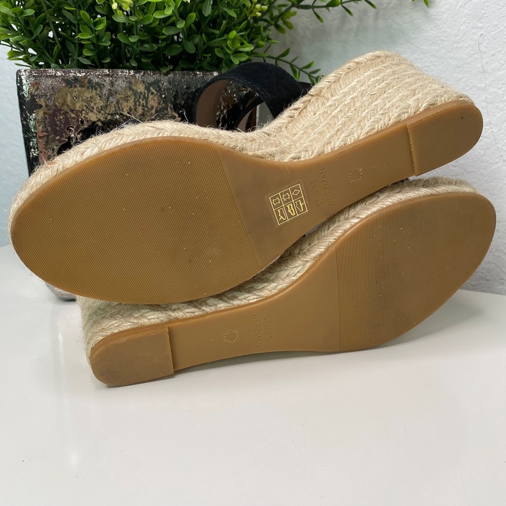 Stuart Weitzman Lexia Espadrille Wedge Sandal Ankle Strap Black Suede Size 8 - Picture 7 of 13